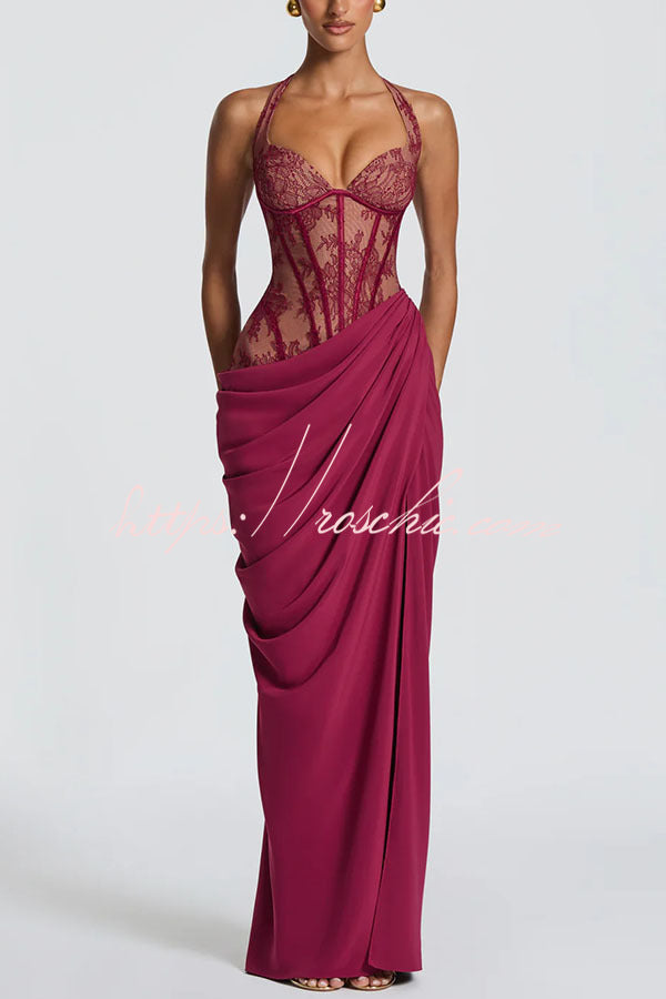 Bonita Floral Lace Contrast Structural Detail Asymmetrical Pleats Halter Slit Maxi Dress