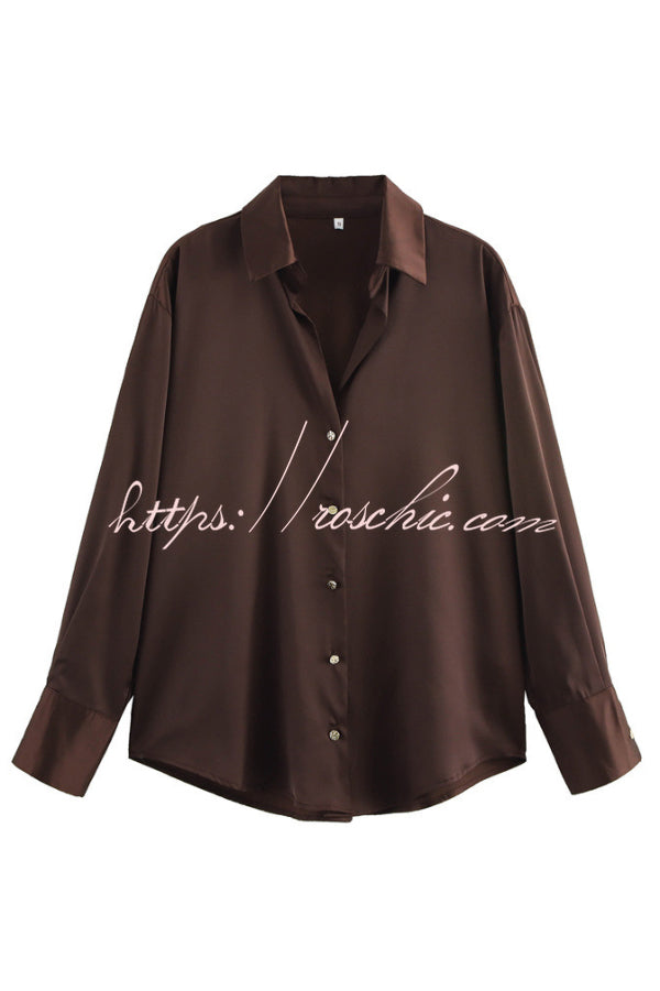 Solid Color Silk Satin Texture Single-breasted Long-sleeved Loose Shirt