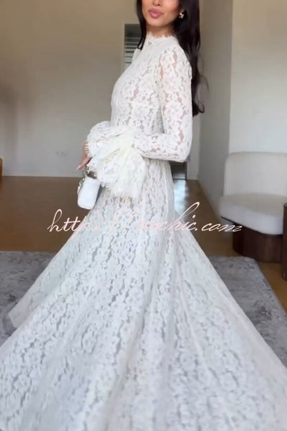 Nasrin Floral Lace Mock Neck Long Bell Sleeve Pleated Hem Maxi Dress
