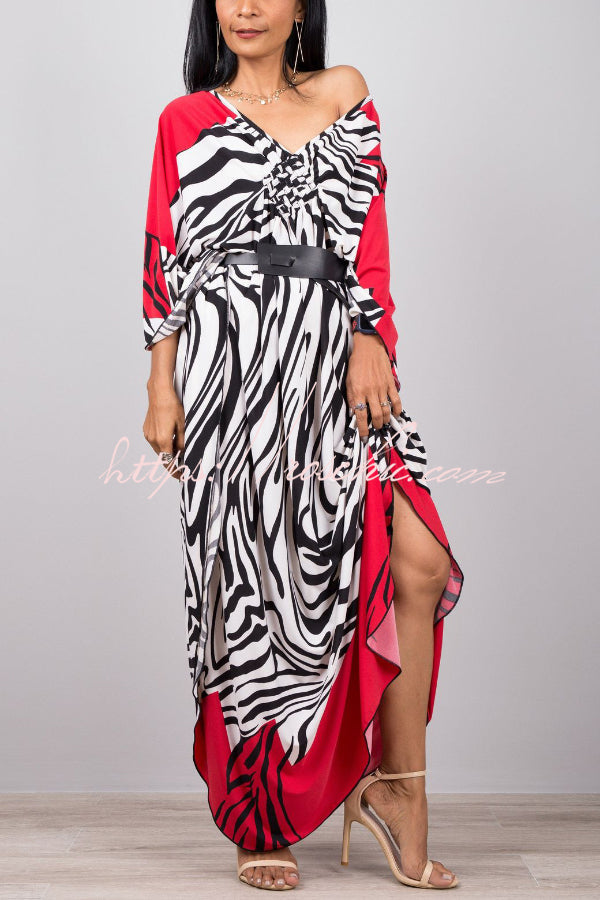 Unique Print Loose V-Neck Batwing Sleeve Casual Maxi Dress