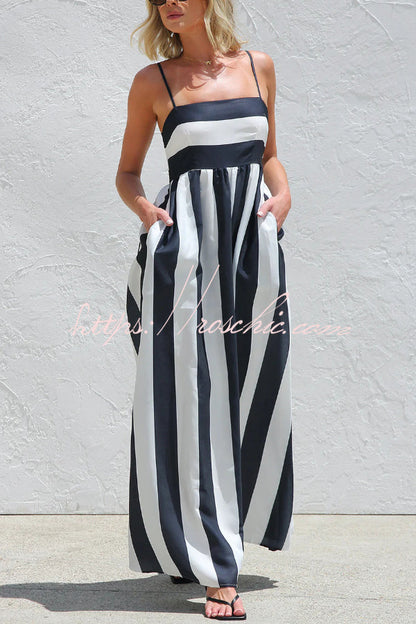 Color-blocked Striped Print Square Neck Suspender Casual Pocket Maxi Dress