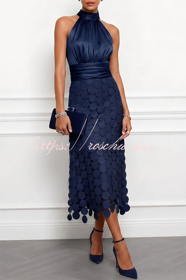 Janice Satin Ruched Halter Neck Sleeveless Embroidered Polka Dot Hem Midi Dress(Buy 2 Get Free Shipping)