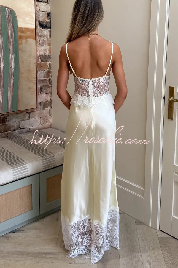 Fashionable Satin Lace Patchwork Sheer V-neck Elegant Slim-fit Maxi Dress