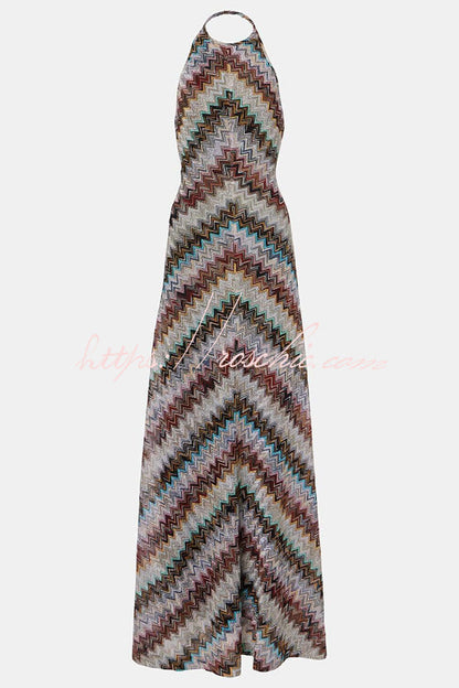 Jodie Knit Colorful Herringbone Print Halter Open Back Maxi Dress