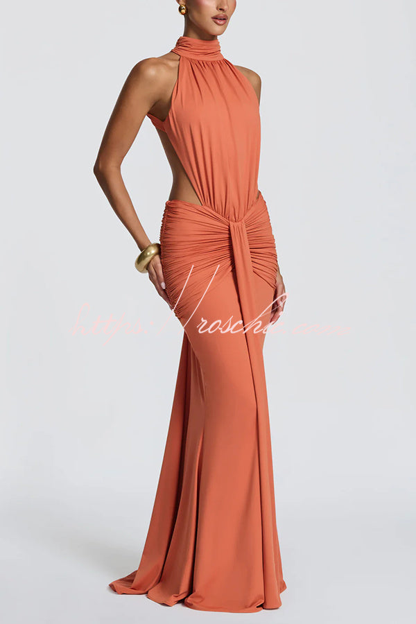 Thekla Stretch Slinky Jersey High Neck Ruched Backless Drape Maxi Dress