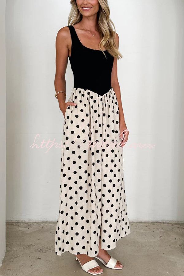 Black and White Color-blocked Polka Dot Print Sleeveless Casual Pocket Maxi Dress