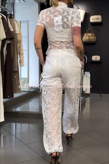 Khloe Lace Striped Patchwork High Neck Zip-Up Top and Elastic Waist Pocket Side Button Pants Set