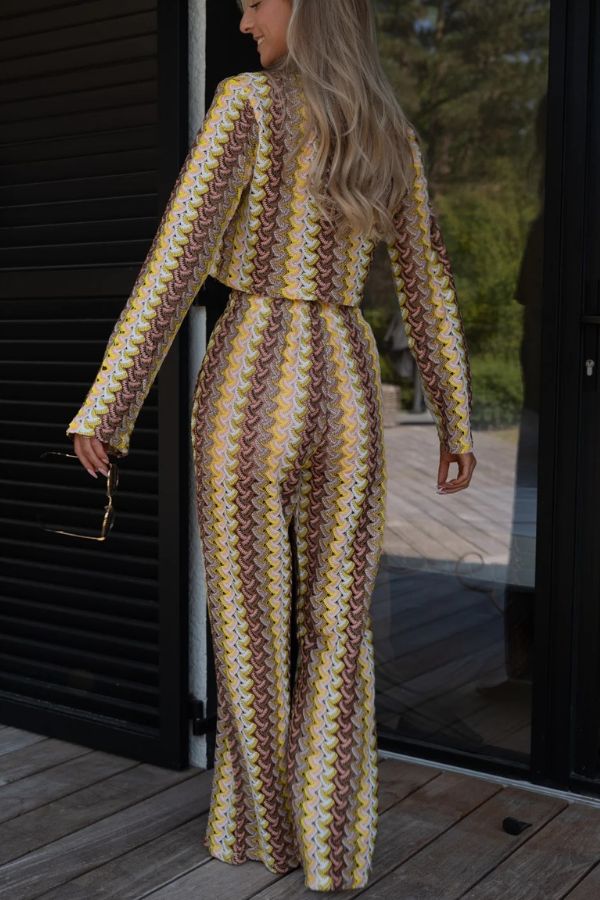 Tamia Knit Colorful Wave Unique Print Crop Top and Stretch Wide Leg Pants Set