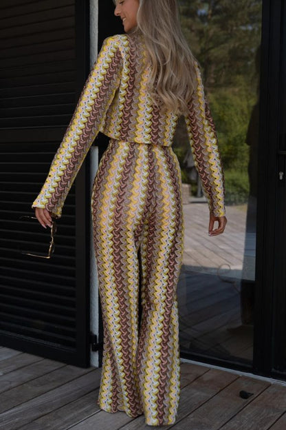 Tamia Knit Colorful Wave Unique Print Crop Top and Stretch Wide Leg Pants Set