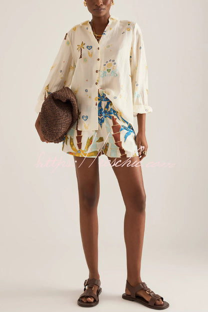 Linen Blend Summer Printed Collared Long-sleeved Shirt and Elastic Waist Pocket Casual Shorts Set