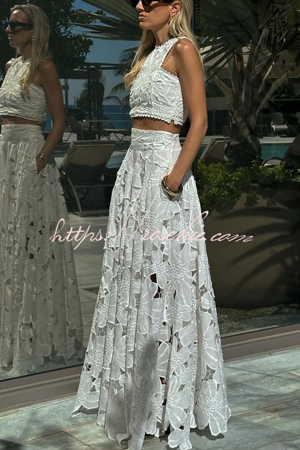Next Trip Floral Embroidery Crochet Lace Crop Tank Top