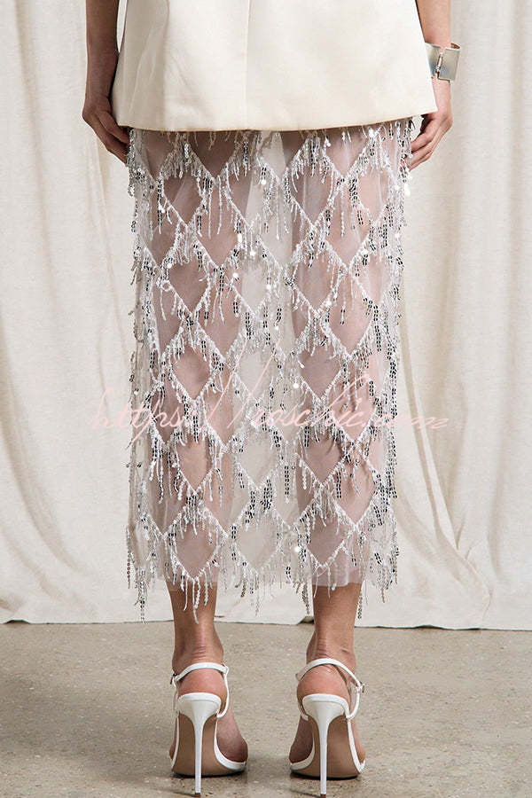 Fashionable Mesh See-through Sequined Tassel Midi Skirt