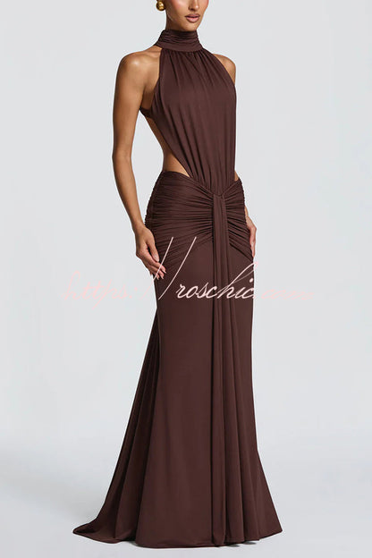 Thekla Stretch Slinky Jersey High Neck Ruched Backless Drape Maxi Dress