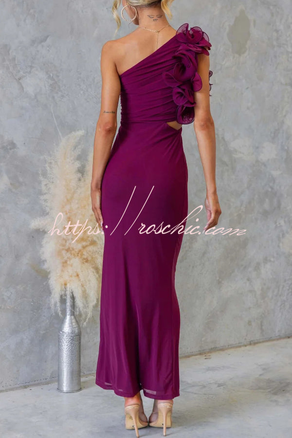 Fashionable Mesh Sleeveless One-shoulder Waist-revealing Maxi Dress