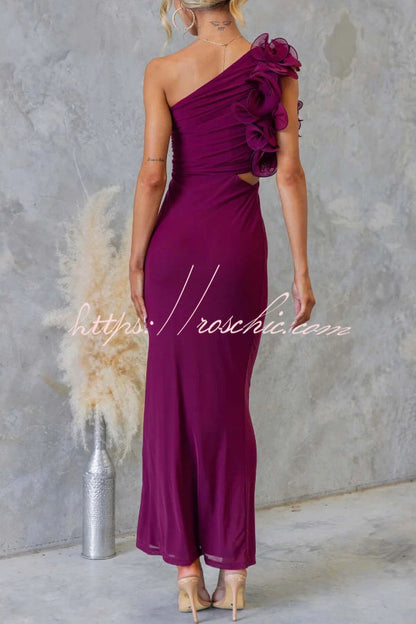 Fashionable Mesh Sleeveless One-shoulder Waist-revealing Maxi Dress