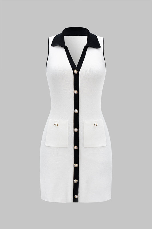 Knit V Neck Contrast Button Sleeveless Pocket Dress