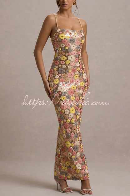 80's Inspired Floral Print Sequin Square Neck Slip Stretch Maxi Dress