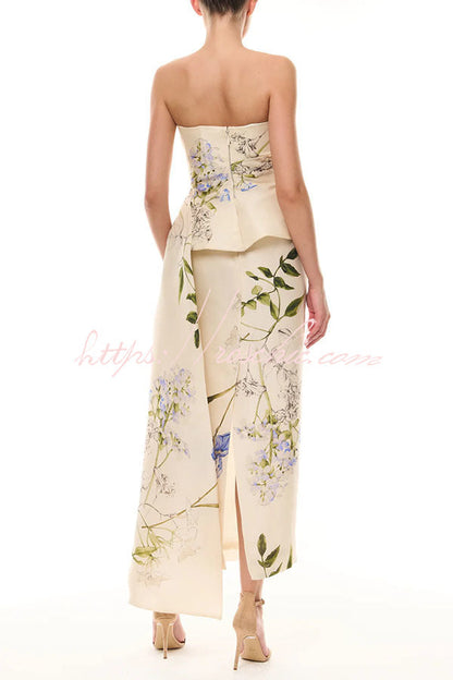 Architectural Tailor Iris Bouquet Print Strapless Draped Peplum Gown Midi Dress