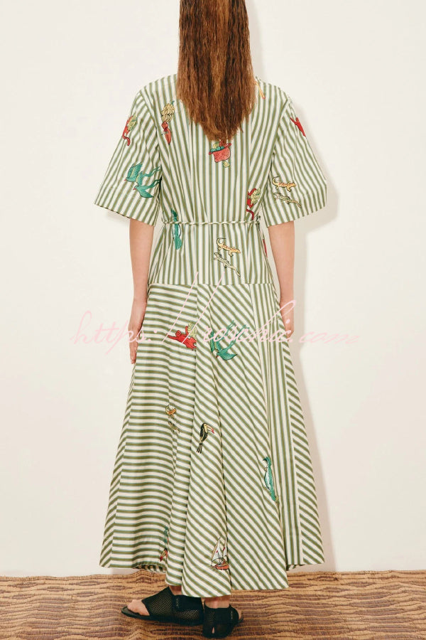 Linen Blend Striped Print Collared Short-sleeved Fitted Waist Belted Casual Maxi Dress