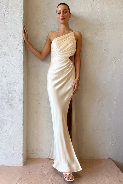 Regina Chic One Shoulder Ruched Evening Dress with High Slit and Cami Maxi Silhouette Collection
