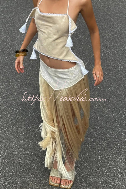 Fashionable Lace Appliqu¨¦ Tassel Hem Vacation Maxi Skirt