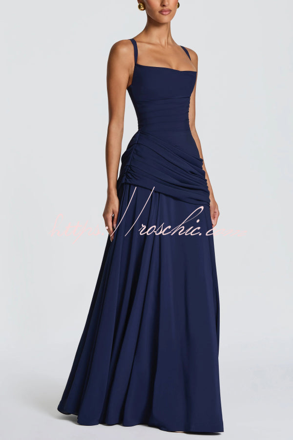 Stylish Spaghetti Strap Square Neck Slim-fit Elegant Pleated Maxi Dress