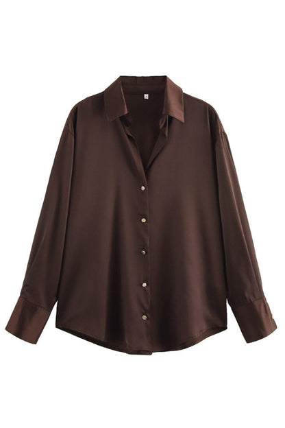 Solid Color Silk Satin Texture Single-breasted Long-sleeved Loose Shirt