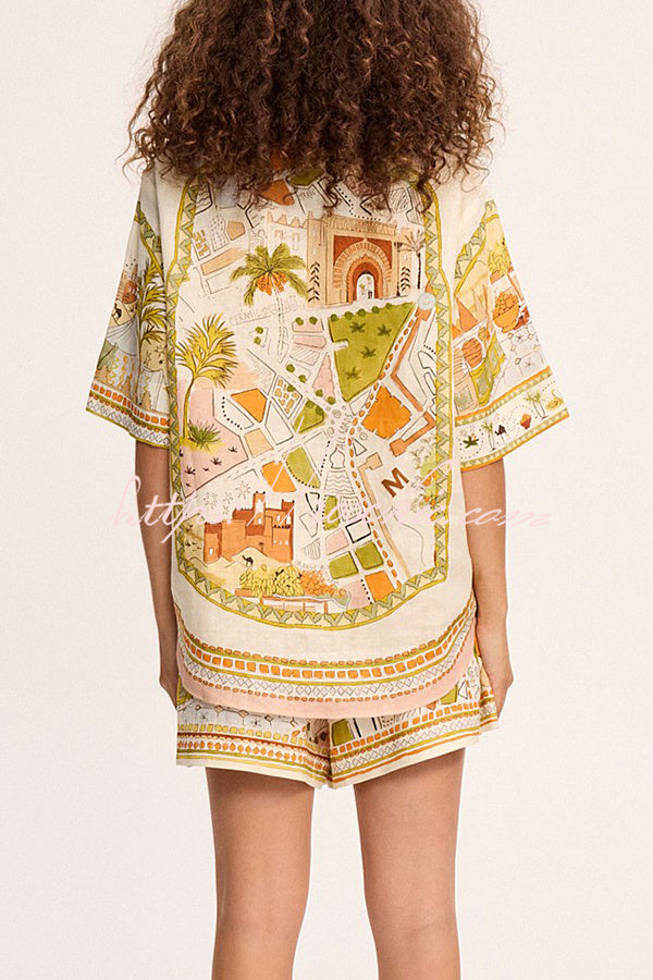 Tropical Vegetation Print Loose Button Elastic Waist Shorts Set