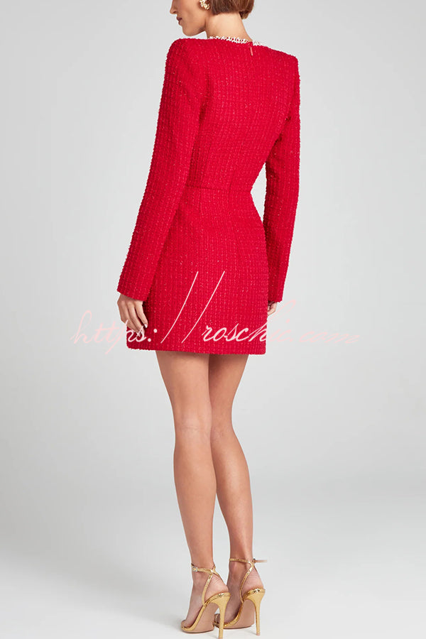 Girly and Glamorous Tweed Fabric Pearl Trim Long Slit Sleeve Pocketed Mini Dress (Shipped Within 24 Hours)