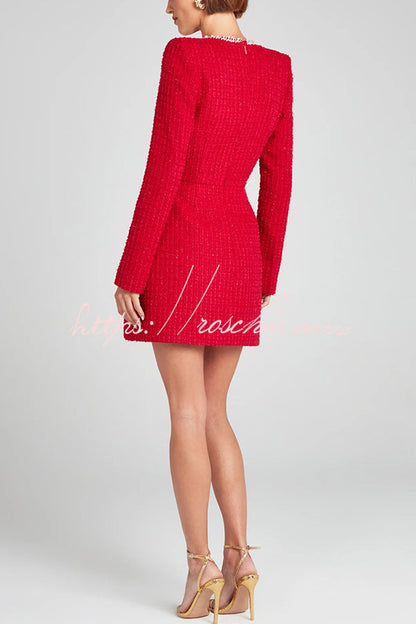 Girly and Glamorous Tweed Fabric Pearl Trim Long Slit Sleeve Pocketed Mini Dress (Shipped Within 24 Hours)
