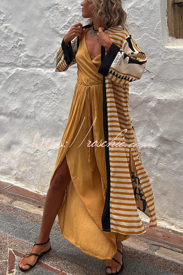 Retro Geometric Ethnic Print Open Front Slit Duster Kimono