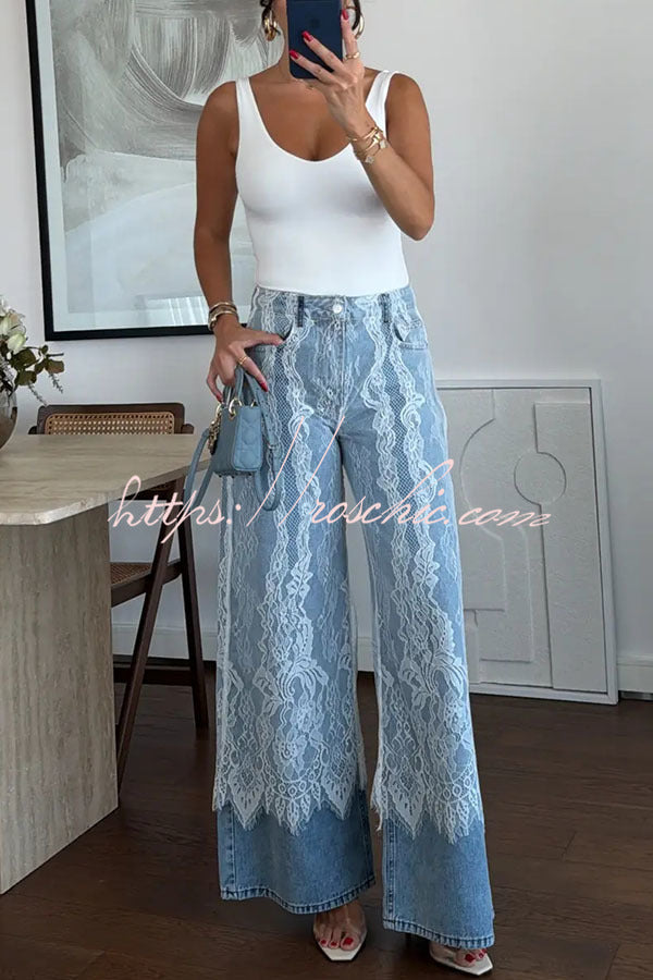 Leina Denim Lace Detail Patchwork High Rise Pocket Wide Leg Jeans