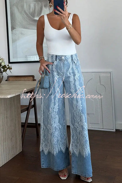 Leina Denim Lace Detail Patchwork High Rise Pocket Wide Leg Jeans