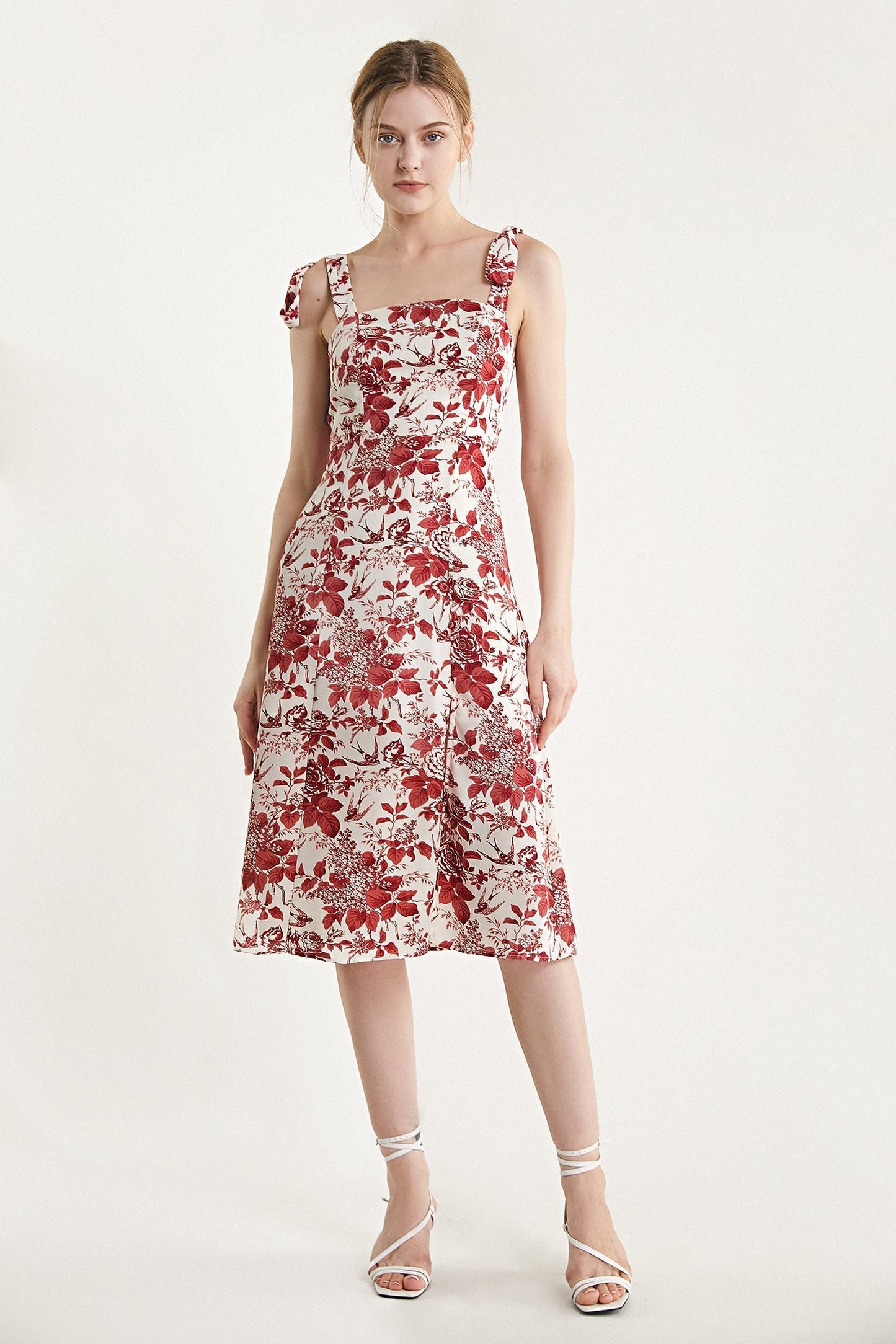 Dark Red Floral Print Tie Strap Slit Hem Midi Dress