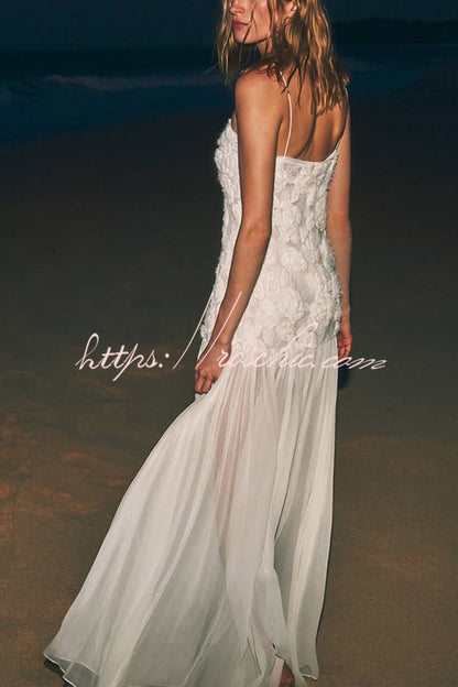 Indulge in Floral Applique Pleated Chiffon Hem Slip Maxi Dress