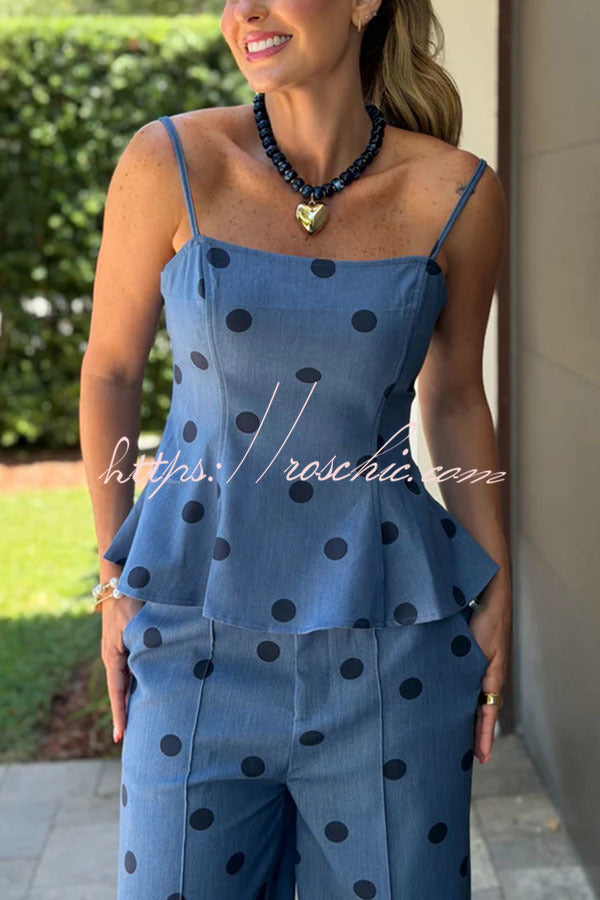 Jolene Denim Polka Dot Print Flare Hem Slip Top and Pocket Wide Leg Pants Set