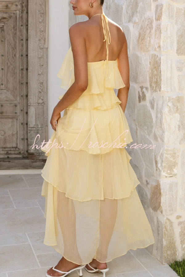 Solid Color Chiffon Halter Neck Elegant Ruffle Maxi Dress