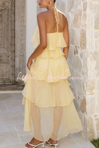 Solid Color Chiffon Halter Neck Elegant Ruffle Maxi Dress