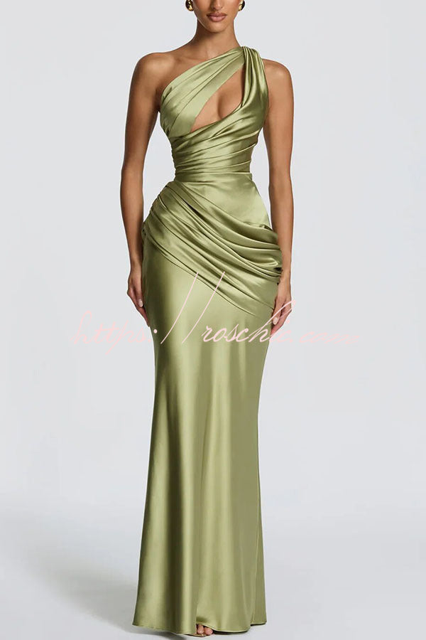 Emina Satin One Shoulder Asymmetrical Neck Cutout Back Lace-up Drape Maxi Dress