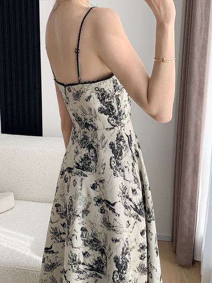 Floral Print Tie Strap Ruffle Detail Ivory Midi Dress