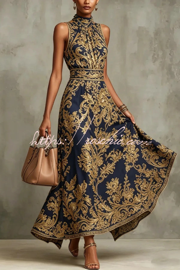 Vintage Gold Embroidered Long Dress