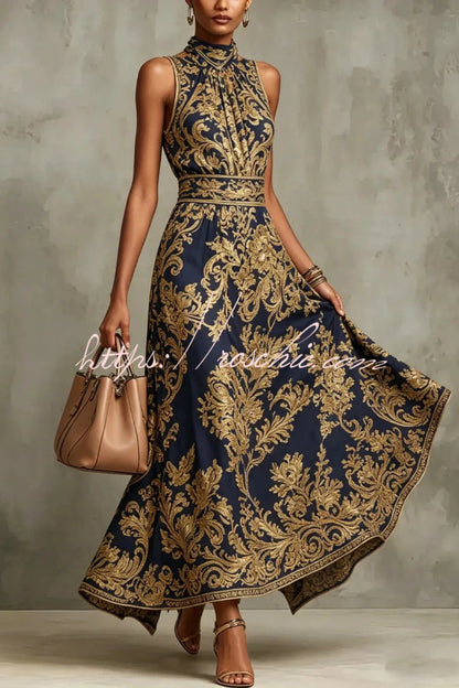 Vintage Gold Embroidered Long Dress