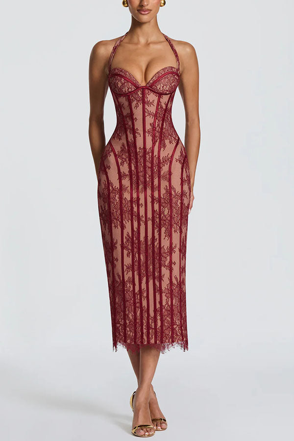 Rona Floral Lace Contrast Structural Detail Back Lace-up Halter Slit Midi Dress