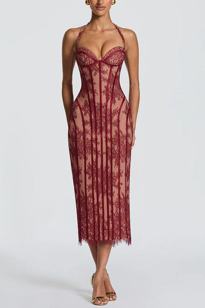 Rona Floral Lace Contrast Structural Detail Back Lace-up Halter Slit Midi Dress