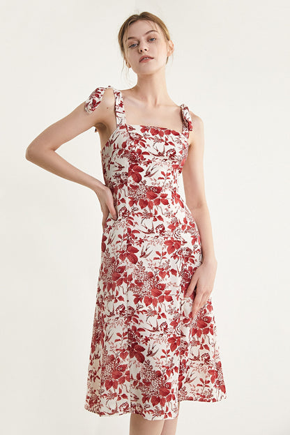 Dark Red Floral Print Tie Strap Slit Hem Midi Dress