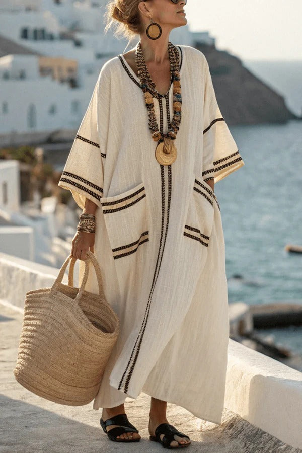 Striped Print V-Neck Casual Loose Pocket Maxi Dress
