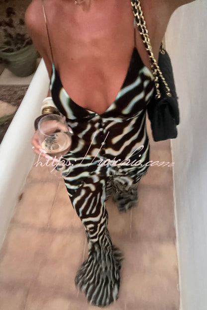 Zebra Print V-neck Camisole Long Mesh Top