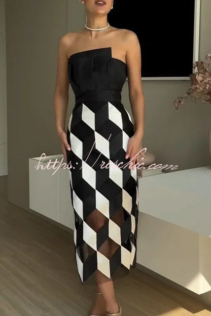 Sexy Tube Top and Backless Rhombus Contrast Midi Dress