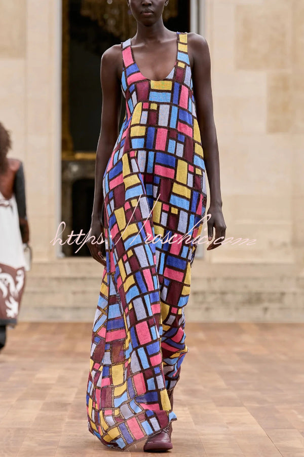 Stylish Color-blocked Plaid Print Sleeveless Round Neck Loose Maxi Dress