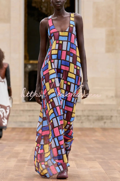 Stylish Color-blocked Plaid Print Sleeveless Round Neck Loose Maxi Dress